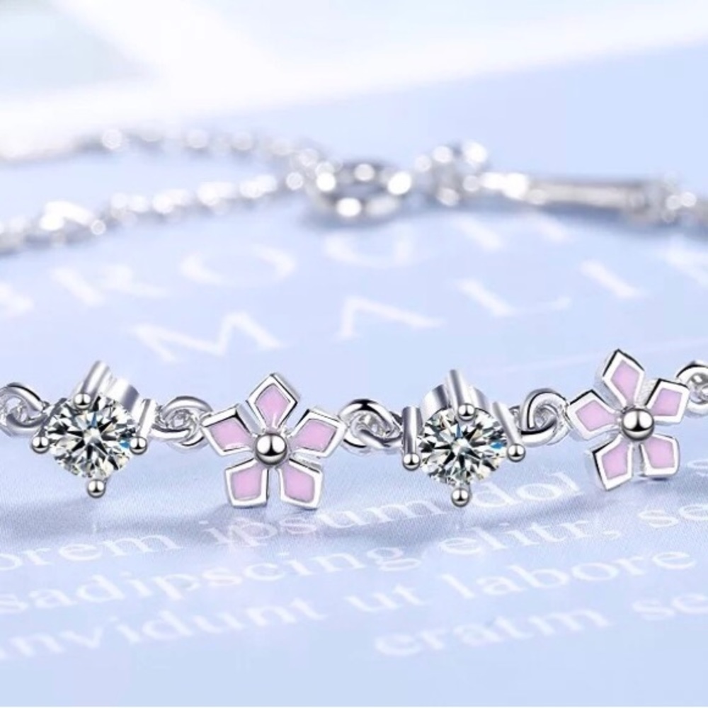 925 Sterling Silver Flower Cubic Zircon Charm Bracelets Link Chain Adjustable